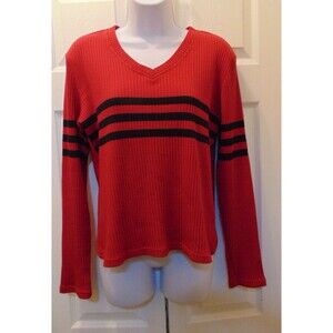 Fashion Bug Vtg   Ladies Large Knit Sweater Red and Black Stripe V-neck